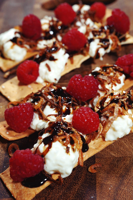 Crispy Shallots with Burrata, Balsamic & Raspberries