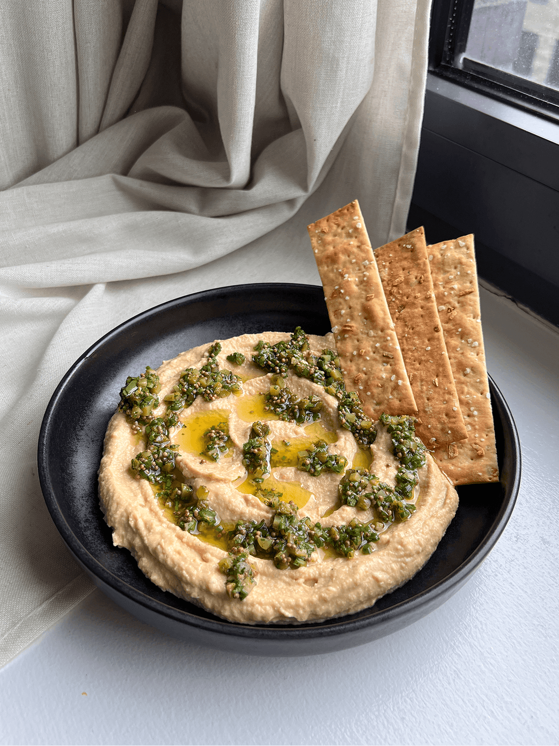French Onion Hummus with Zesty Relish